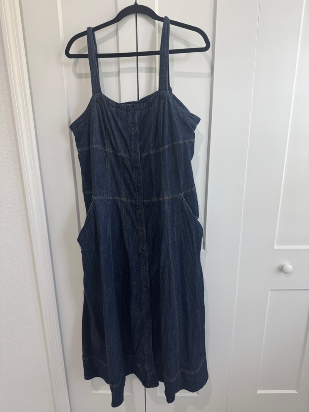 Anthropologie Dark Blue Denim Midi Dress with Wide Straps